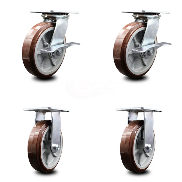8 Inch Polyurethane Caster Set with Roller Bearing 2 Brakes and 2 Rigid SCC
